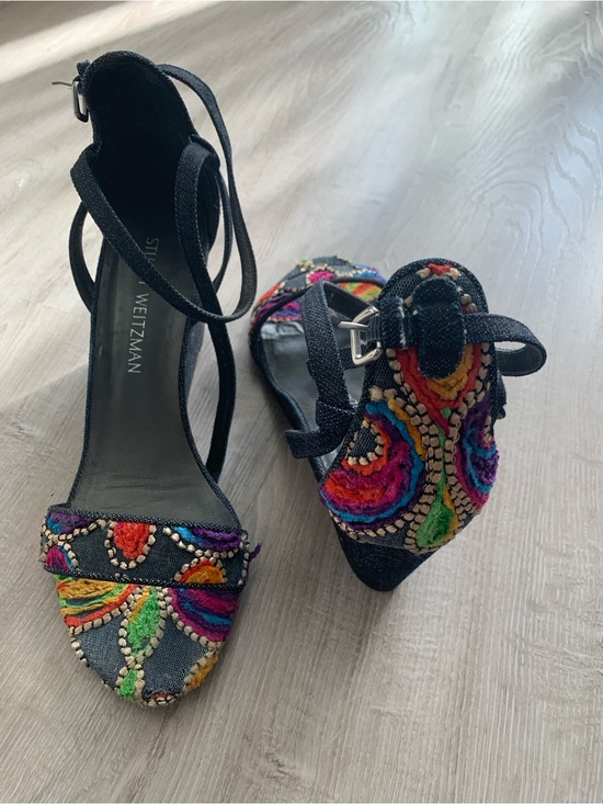 Stuart Weitzman Shoes - Stuart Weitzman Black Multicolor Embroidered Ankle-Tie Heels